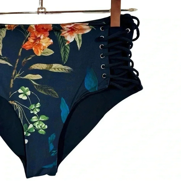 TiniBikini Reversible Dark Floral High Waisted Strappy Bikini Bottoms - Picture 5 of 9